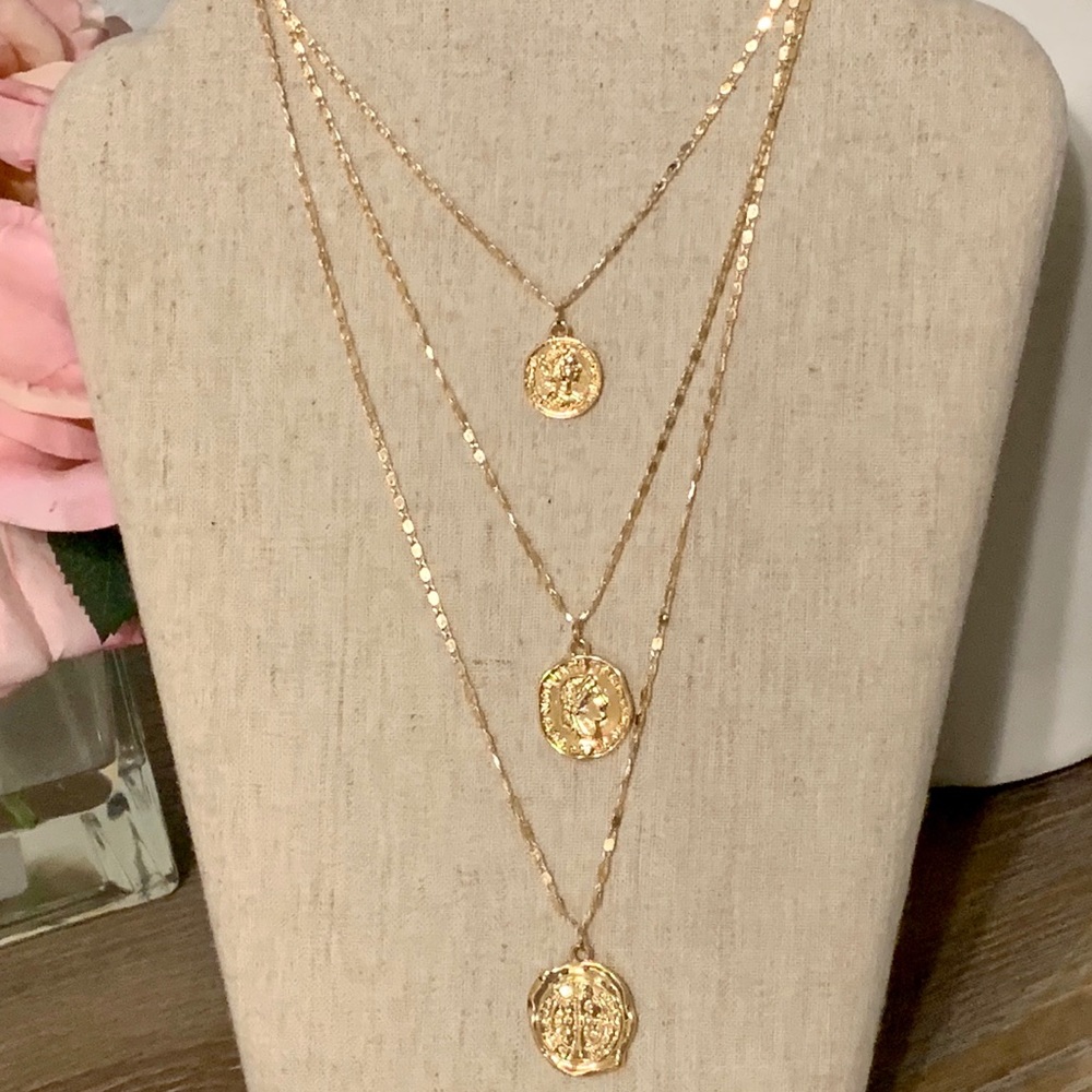 Long Layered Pendant Necklace in Gold  OS